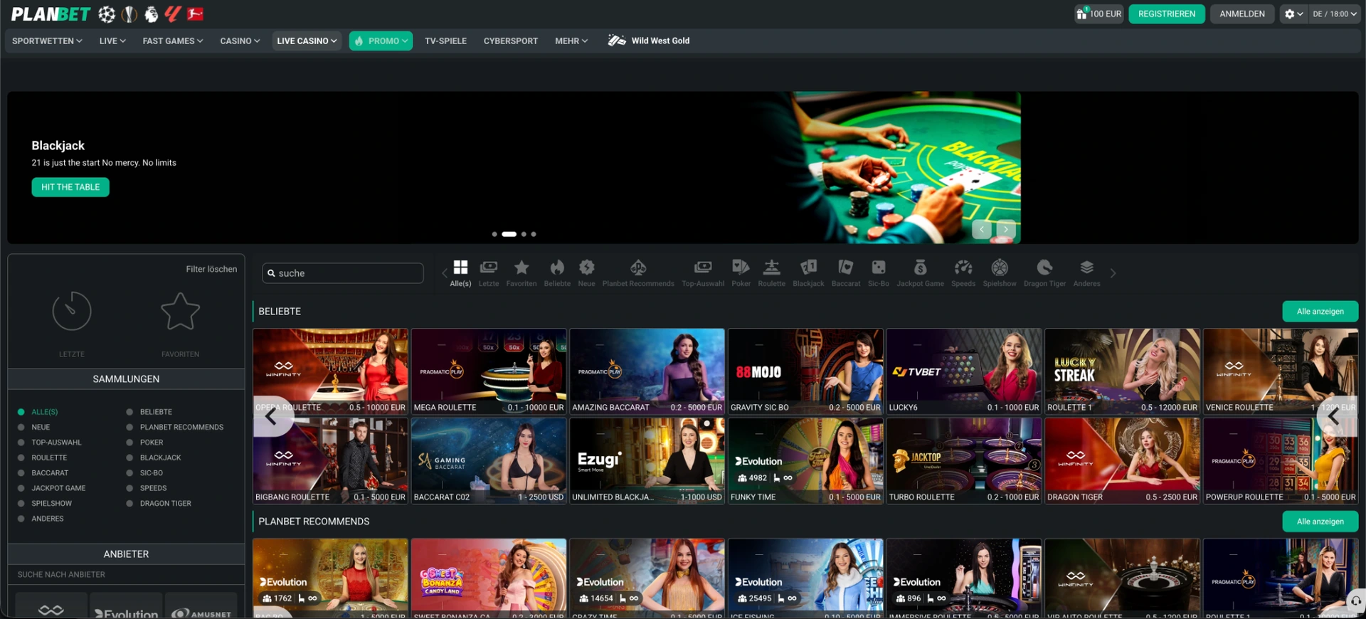 Live Casino mit Roulette und Spielshows bei PlanBet